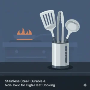 Durable and heat-resistant stainless steel non toxic utensils displayed in a modern kitchen setting.