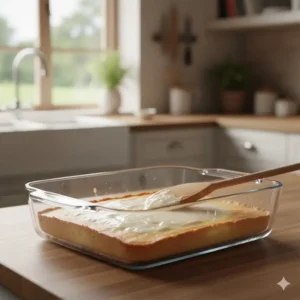 A transparent glass baking dish with a half-baked cake inside, showing the visibility and inert nature of a non toxic cake pan made of glass.