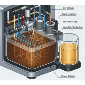 A detailed close-up showing the automated oil filtration and cleaning cycle inside the self cleaning fryer.