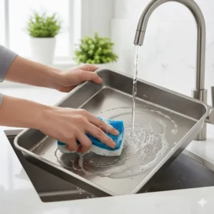 A person easily scrubbing a stainless steel bakeware non toxic pan with a sponge, illustrating simple cleaning and maintenance.