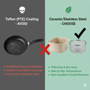 Comparison chart showing the differences between Teflon/PTFE coatings and an air fryer without teflon (ceramic/stainless steel).