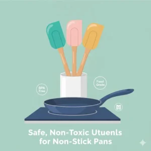 Flexible food-grade silicone non toxic utensils in vibrant colors suitable for non-stick pans.
