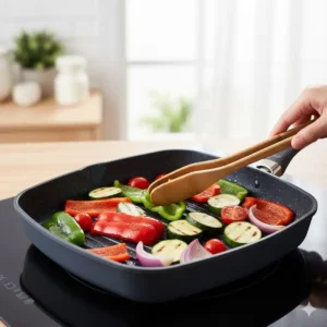 Grilling fresh vegetables with minimal oil in a ceramic grill pan for healthy meals.