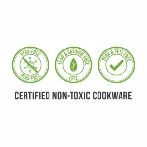 Icons representing safety standards for a non toxic griddle pan including lead-free and cadmium-free certifications.