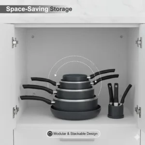 Demonstrating the neat nesting and stacking ability of cookware sets with removable handles in a cabinet.