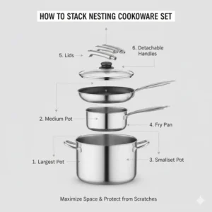 A diagram showing the proper vertical stacking order for a nesting cookware set.