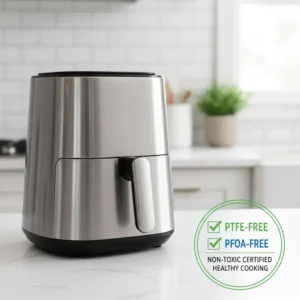 A clear graphic or product label explicitly stating "PTFE Free" and "PFOA Free" to confirm the non toxic air fryer status.