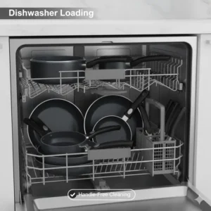 How to easily load dishwasher safe cookware sets with removable handles into a kitchen dishwasher.