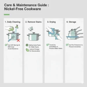 A step-by-step illustration on the proper way to wash nickel free cookware.