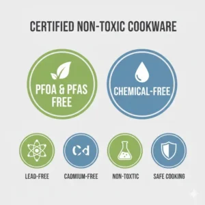 An illustration of a non toxic griddle pan being used in an oven to demonstrate high heat resistance and versatility.