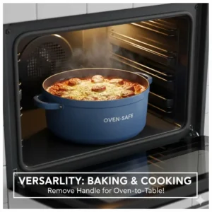 A stainless steel nesting cookware set being used in the oven without handles.
