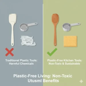 An illustration comparing traditional plastic tools with sustainable non toxic utensils for a healthy home.