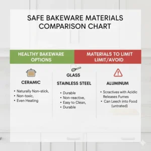 A graphic comparing different bakeware materials like Teflon, ceramic, and stainless steel, showing the best choices for healthy bakeware.