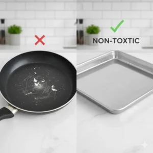 A side-by-side comparison of a traditional coated pan with stainless steel bakeware non toxic, highlighting the safer alternative.