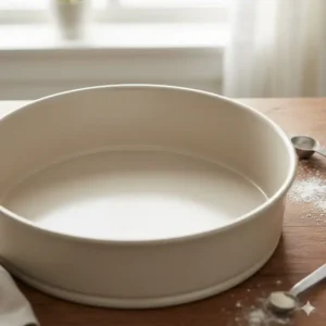 A close-up shot of a smooth, even, light-colored ceramic nonstick surface inside a round non toxic cake pan, showcasing the healthy, PFOA-free coating.