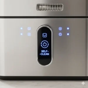The modern digital control panel of the self cleaning fryer, highlighting the dedicated button for starting the cleaning process.