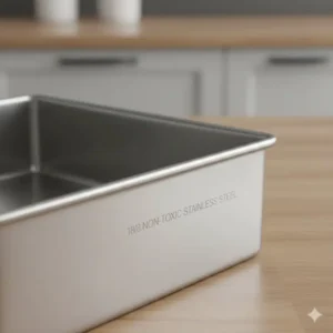 Detailed close-up shot of the polished edge of 18/8 grade stainless steel bakeware non toxic, showcasing its high-quality metal finish.