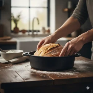 Hands placing a half-baked sourdough loaf into a non-toxic, uncoated cast iron loaf pan, illustrating the use of healthy bakeware for home baking.