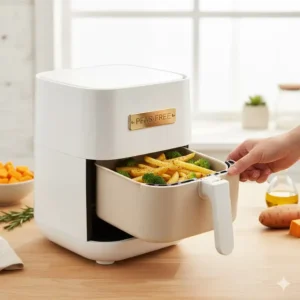 A hand placing raw food into the cooking basket of an air fryer without teflon for a safe and healthy meal.