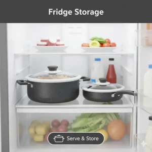 Storing leftovers in the refrigerator using cookware sets with removable handles and silicone lids.