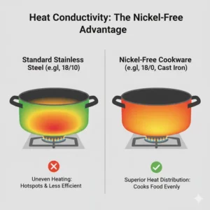 A diagram showing the superior heat distribution of a high-quality nickel free cookware pan.