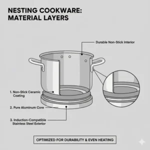A cross-section view showing the high-quality material layers of a nesting cookware set.