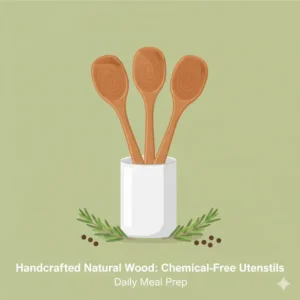 Handcrafted natural wood non toxic utensils showing the unique grain and chemical-free finish.