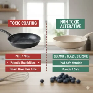 An infographic contrasting the difference between traditional Teflon/PTFE coatings and safer, ceramic alternatives for a non toxic cake pan.