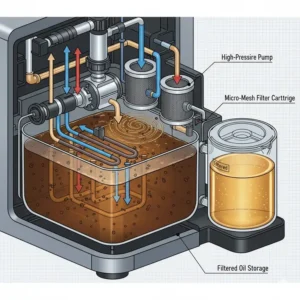 A view of the internal storage container designed to safely hold the filtered, clean oil inside the self cleaning fryer.