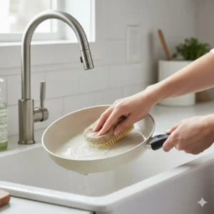 A person gently washing a PTFE-free ceramic nonstick frying pan, showing how to maintain healthy bakeware for maximum lifespan.