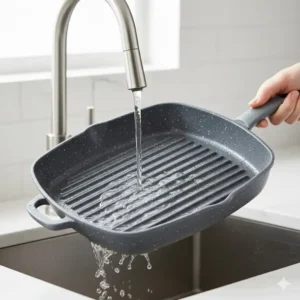 Showing how easy it is to wash and maintain a non-stick ceramic grill pan.