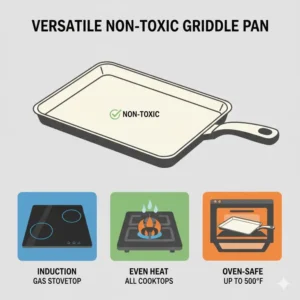 Salmon fillets searing on a non toxic griddle pan illustrating the ability to cook with minimal oil or butter.