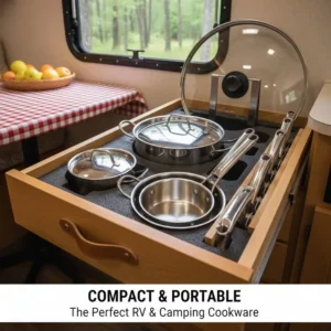 A compact nesting cookware set stored in a small drawer for RV and camping use.