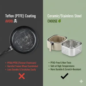 Visual example of a dangerous scratched Teflon coating versus the safe interior of an air fryer without teflon.