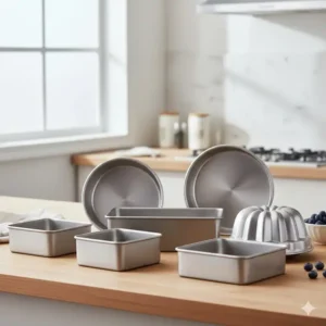 An array of different shapes of stainless steel bakeware non toxic, including a loaf pan, cake pan, and pie pan.