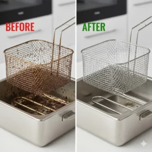 A side-by-side comparison illustrating a dirty basket next to a clean basket after using the self cleaning fryer function.