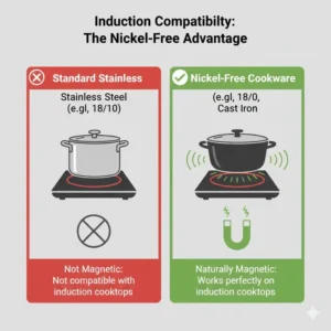 An illustration showing how magnetic nickel free cookware works perfectly on induction hobs.