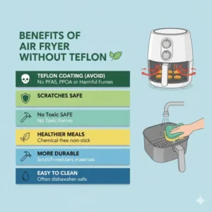 Infographic detailing the top health and environmental benefits of choosing an air fryer without teflon or PFOA.
