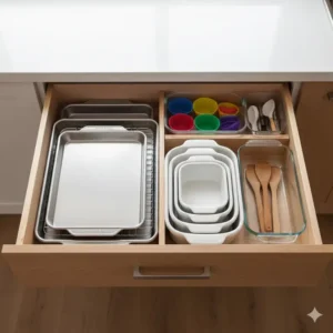 A neat drawer organized with a full collection of healthy bakeware, including stacked sheet pans, mixing bowls, and spatulas.