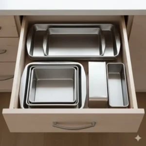 A neatly organized kitchen drawer with stacked cookie sheets and stainless steel bakeware non toxic, showing efficient storage.