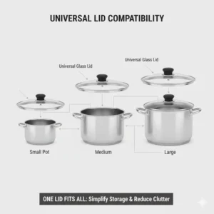 Illustration of universal lids fitting different sizes of a nesting cookware set.