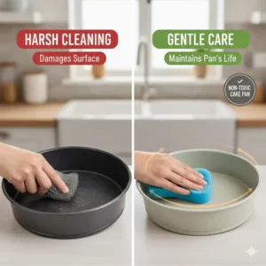 A person gently hand-washing a ceramic baking vessel with a soft sponge, demonstrating proper care for a non toxic cake pan to maintain the safe surface.