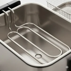 A clean, non-stick heating element of the self cleaning fryer, demonstrating the effectiveness of the automatic residue removal.