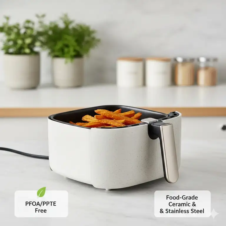 A non-toxic air fryer basket is shown, illustrating what kind of air fryer is non toxic by featuring stainless steel and ceramic coating.
