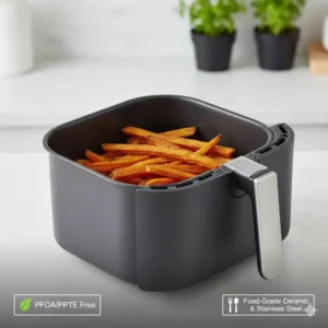 A close-up of a ceramic-coated basket helps determine what kind of air fryer is non toxic for healthy cooking.