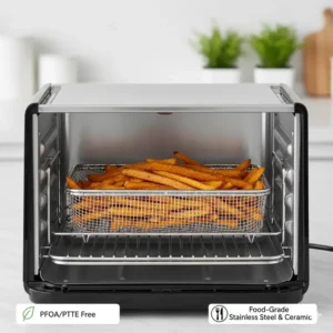 An inside view of an air fryer with a stainless steel interior shows what kind of air fryer is non toxic as an alternative to Teflon.