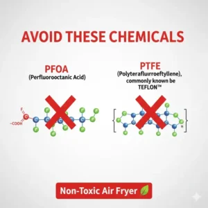 A diagram illustrating PFOA and PTFE chemical structures, highlighting materials to avoid to find what kind of air fryer is non toxic.