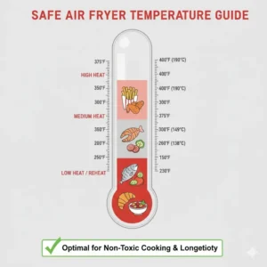 A guide showing safe operating temperatures, a factor in choosing what kind of air fryer is non toxic.