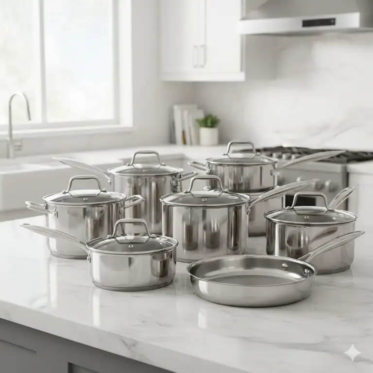 A complete kitchen collection of the best stainless steel cookware without aluminum displayed on a marble countertop.