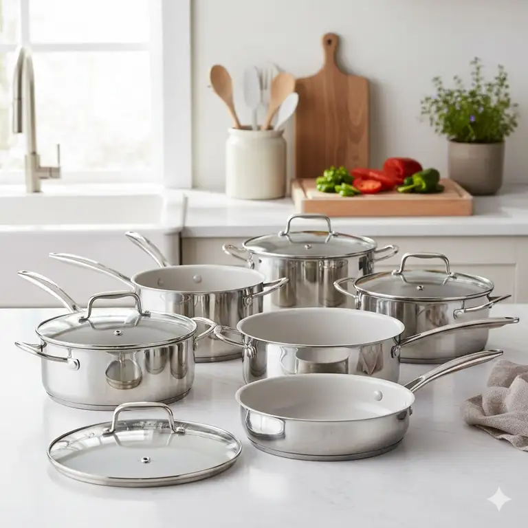A professional set of ceramic coated stainless steel cookware displayed on a kitchen counter.